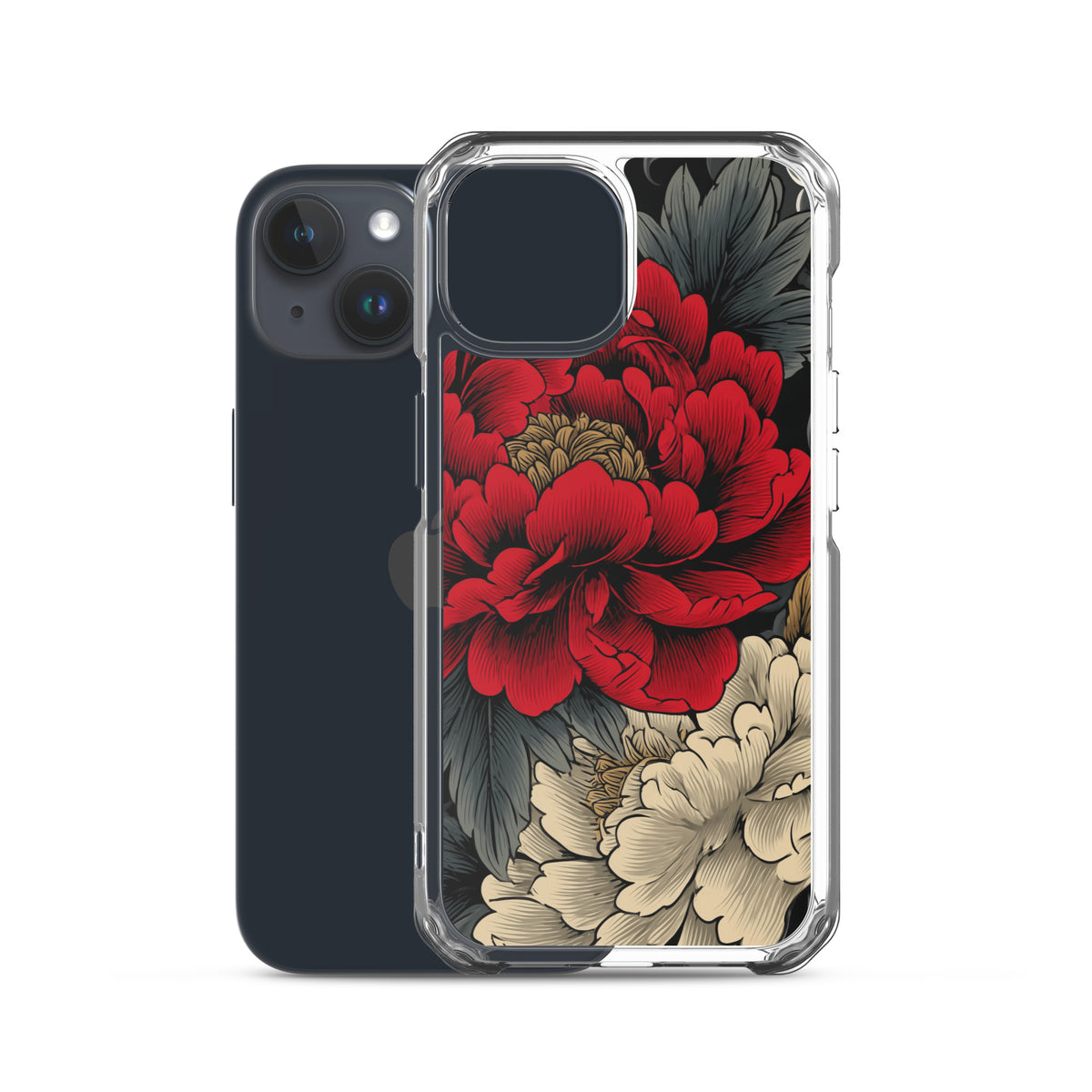 Clear iPhone case: Vermilion and ivory peonies stand out against dark leaves and curling ink-like clouds.