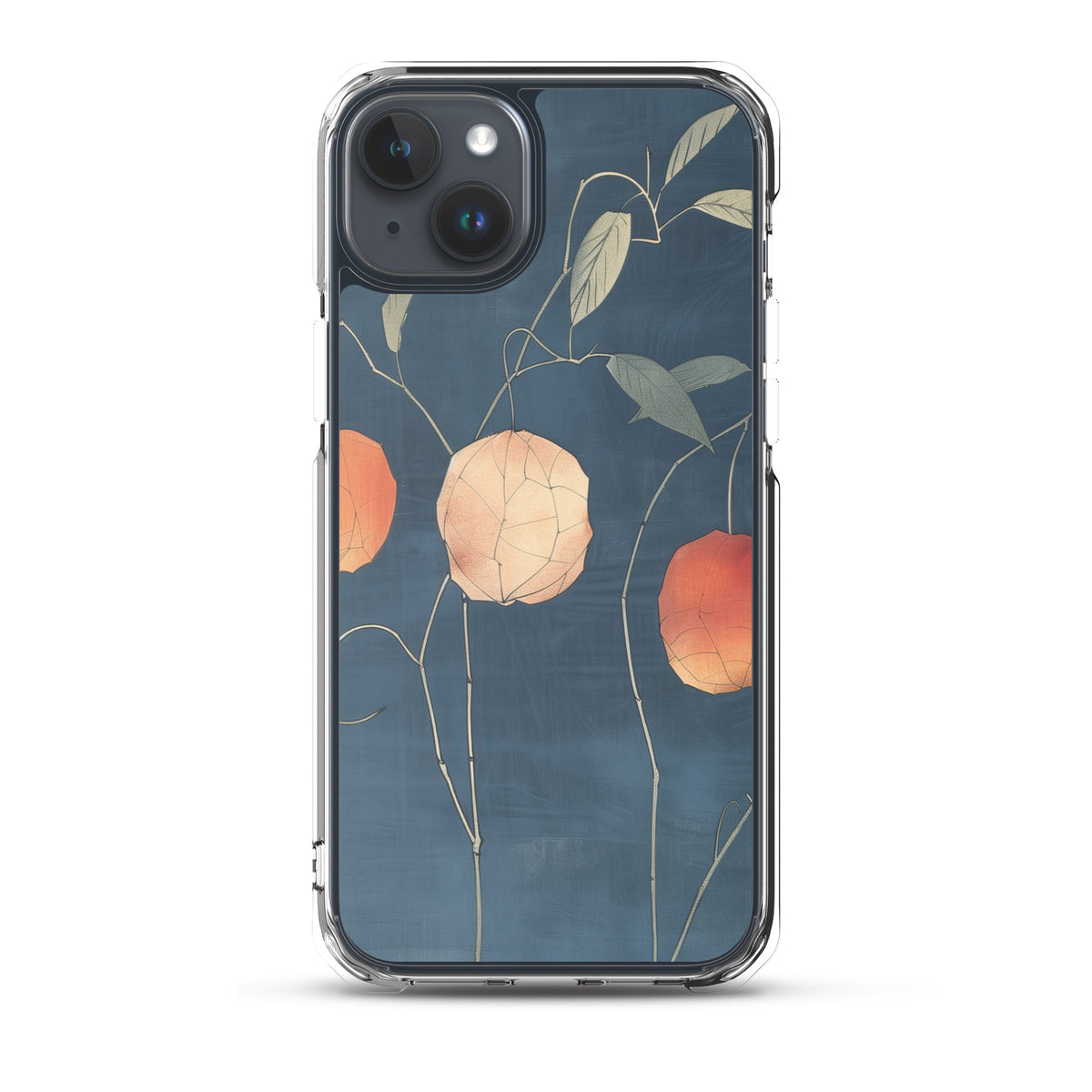 Clear iPhone case: Orange and pale ground cherries hang from slender stems against a deep blue background.