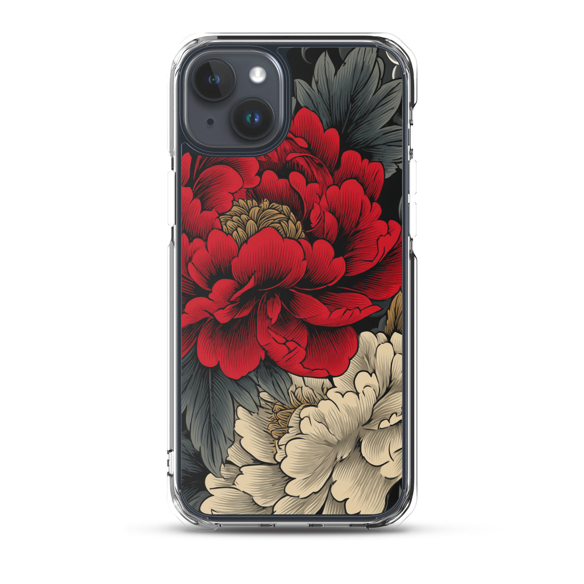 Clear iPhone case: Vermilion and ivory peonies stand out against dark leaves and curling ink-like clouds.