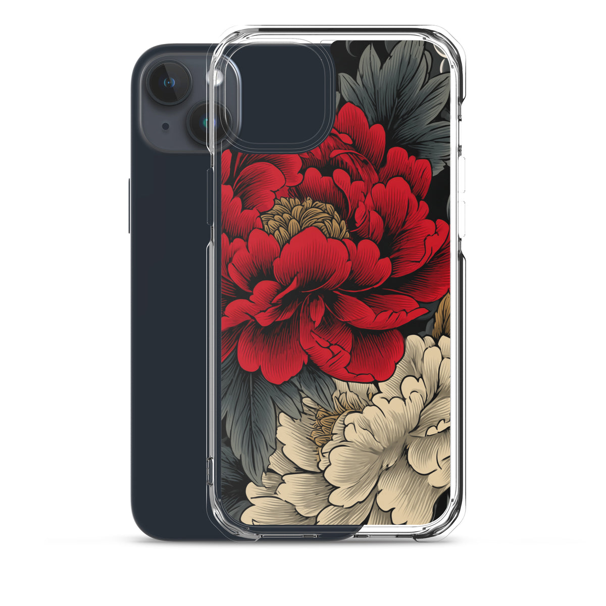 Clear iPhone case: Vermilion and ivory peonies stand out against dark leaves and curling ink-like clouds.