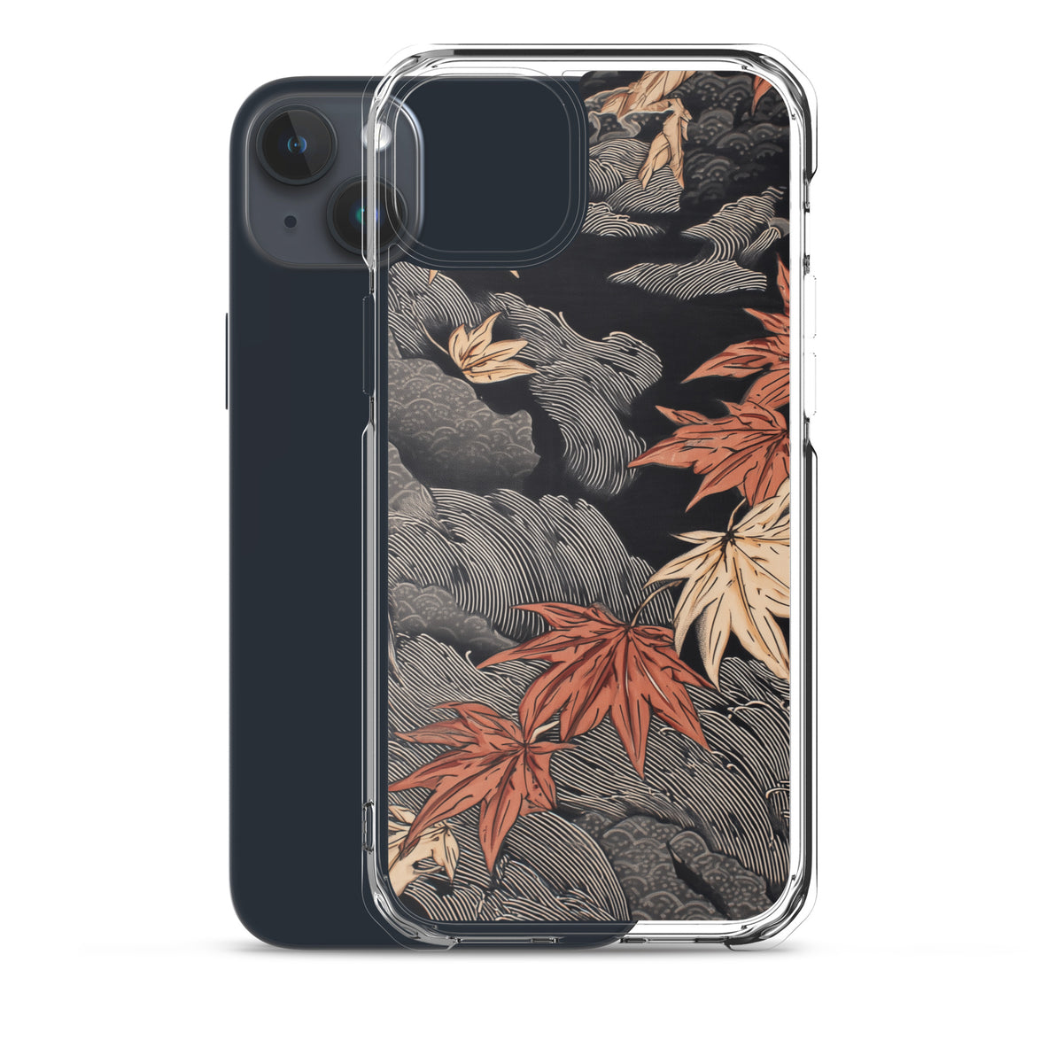 Clear iPhone case: Red and ochre maple leaves stretch across layered rocks and dark flowing water.