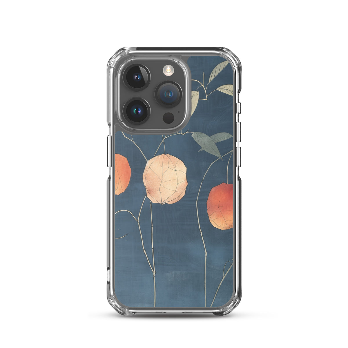 Clear iPhone case: Orange and pale ground cherries hang from slender stems against a deep blue background.