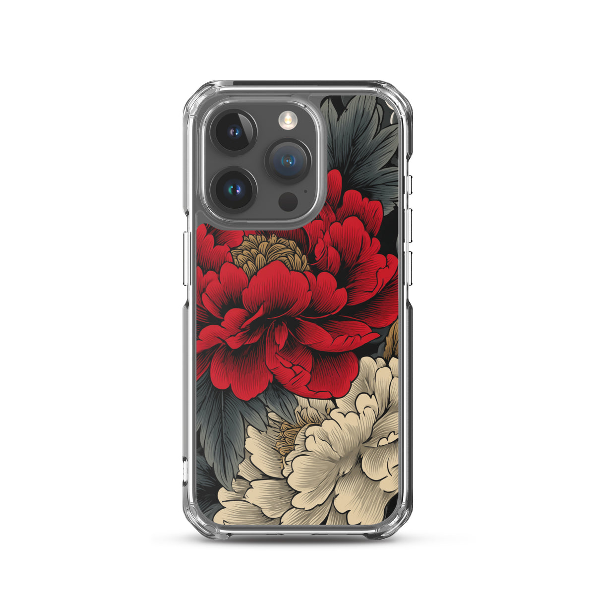 Clear iPhone case: Vermilion and ivory peonies stand out against dark leaves and curling ink-like clouds.