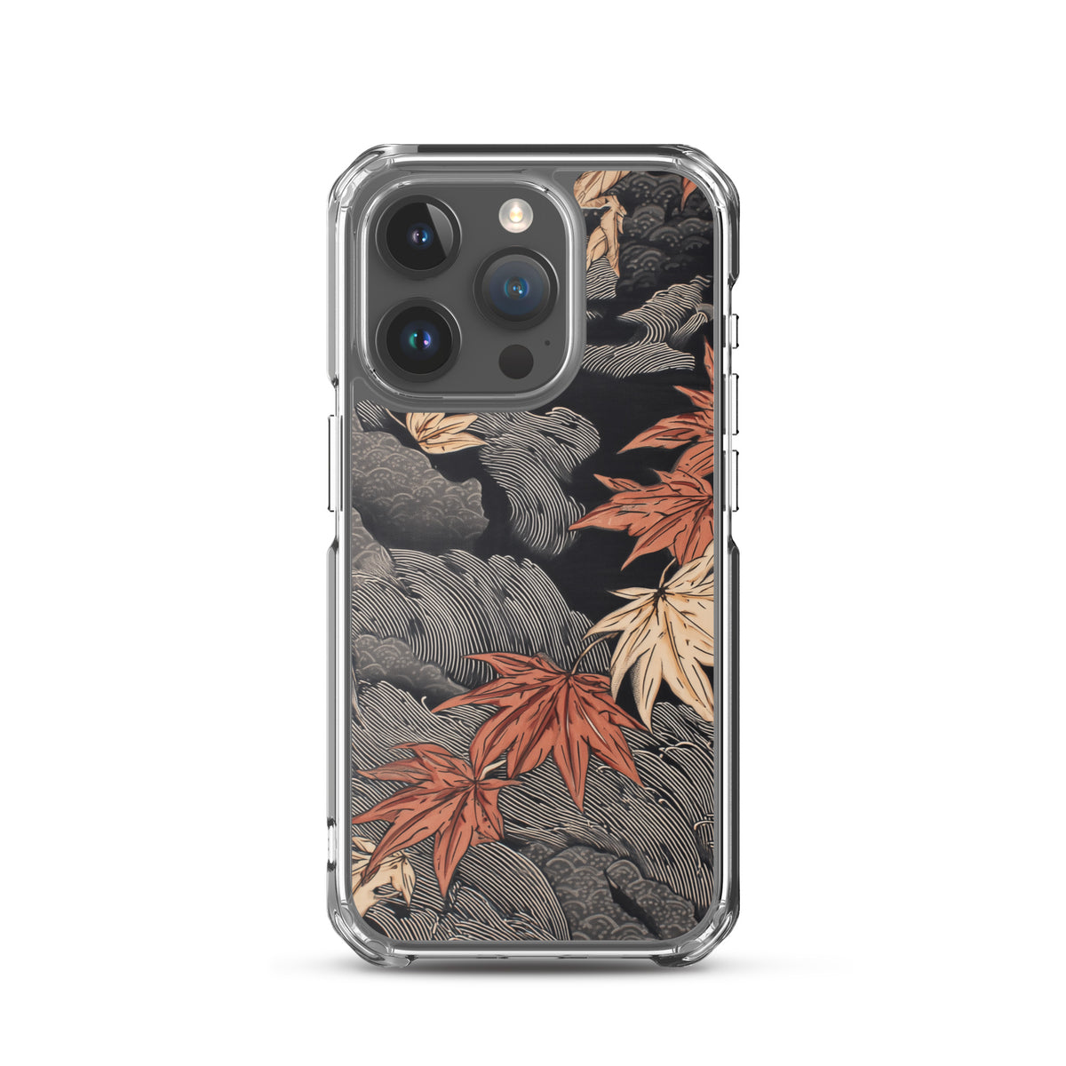 Clear iPhone case: Red and ochre maple leaves stretch across layered rocks and dark flowing water.