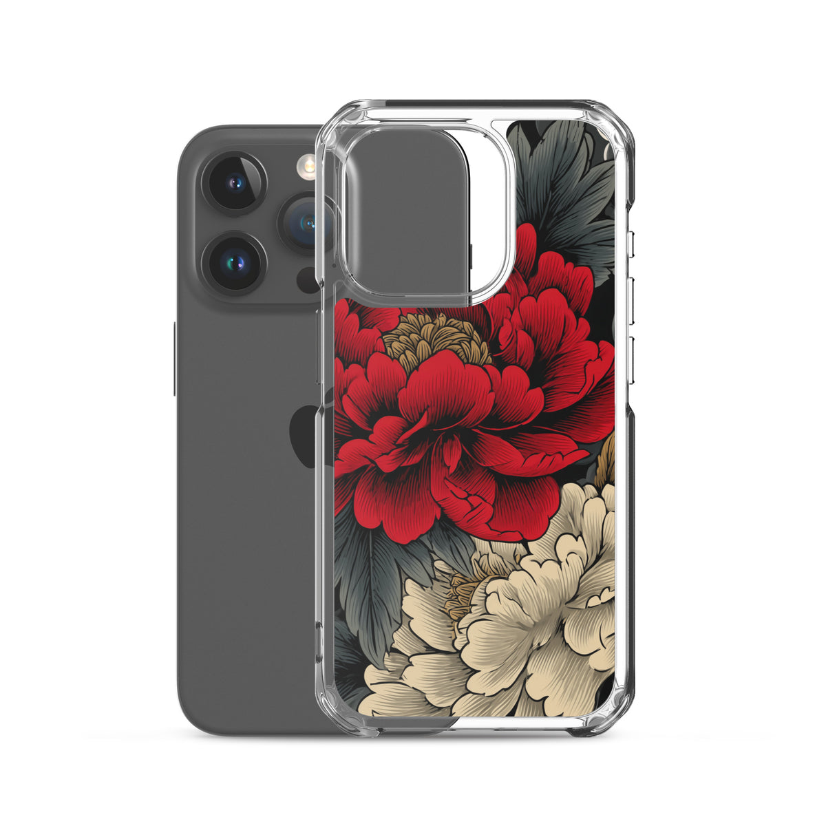 Clear iPhone case: Vermilion and ivory peonies stand out against dark leaves and curling ink-like clouds.