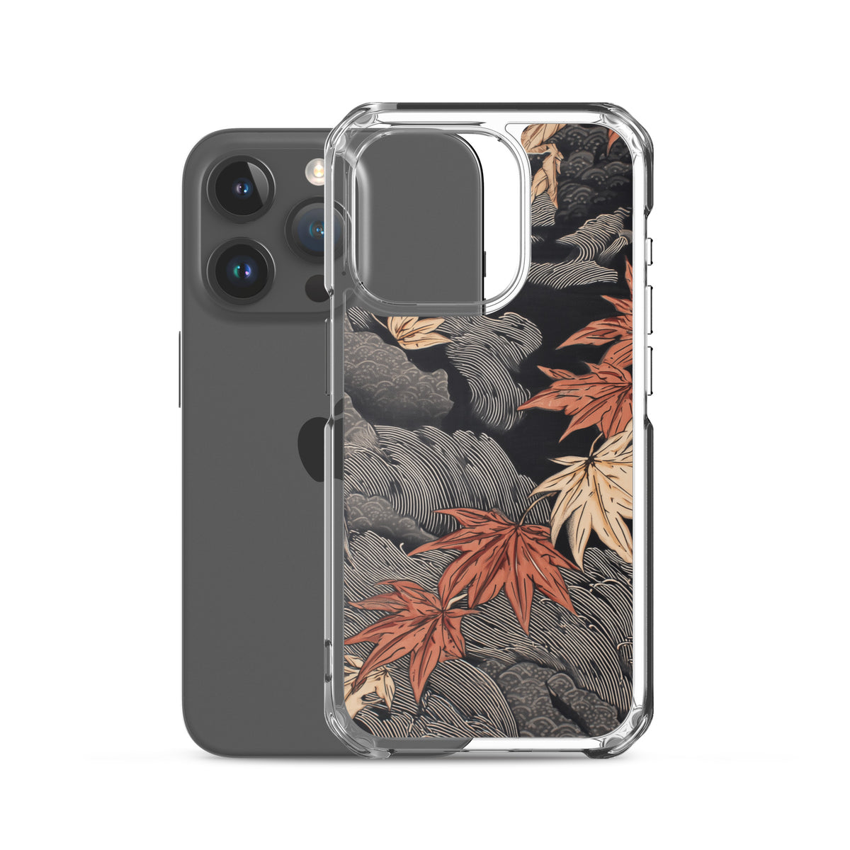 Clear iPhone case: Red and ochre maple leaves stretch across layered rocks and dark flowing water.