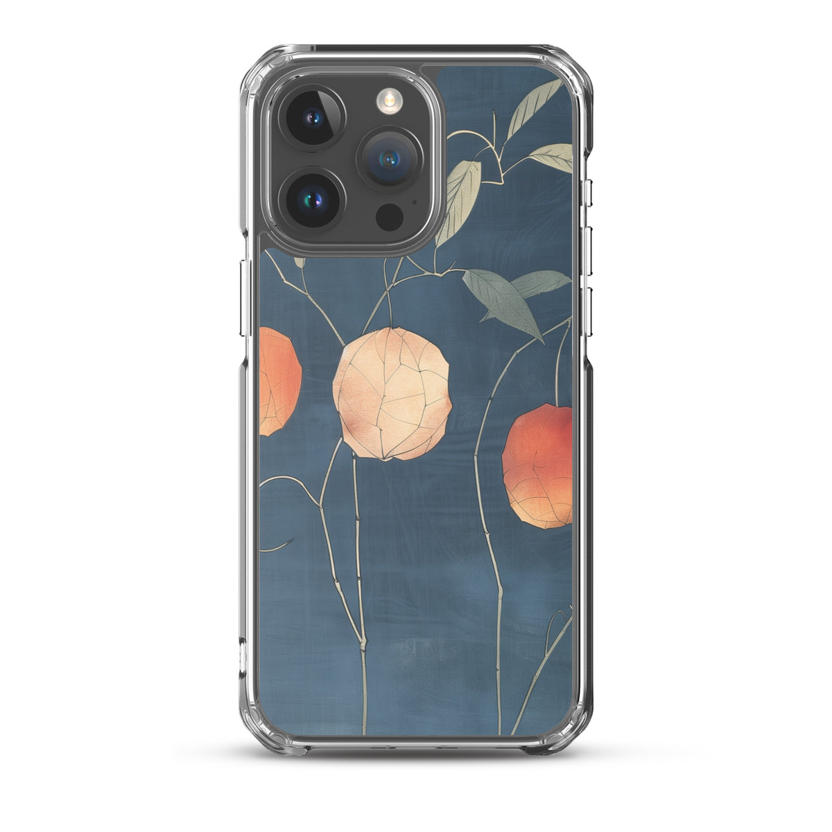 Clear iPhone case: Orange and pale ground cherries hang from slender stems against a deep blue background.