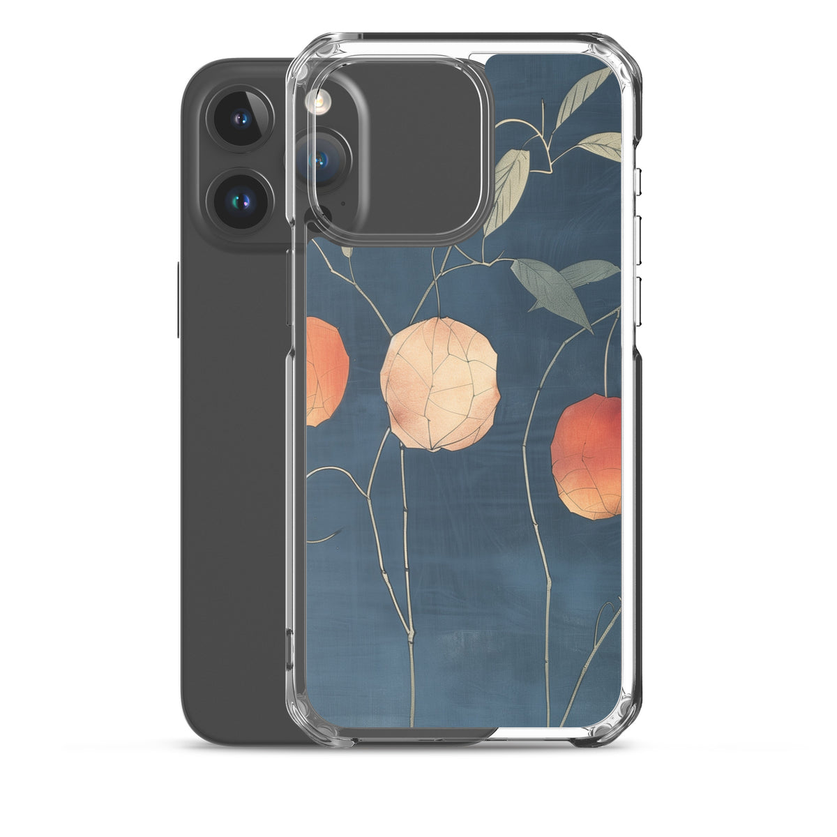 Clear iPhone case: Orange and pale ground cherries hang from slender stems against a deep blue background.