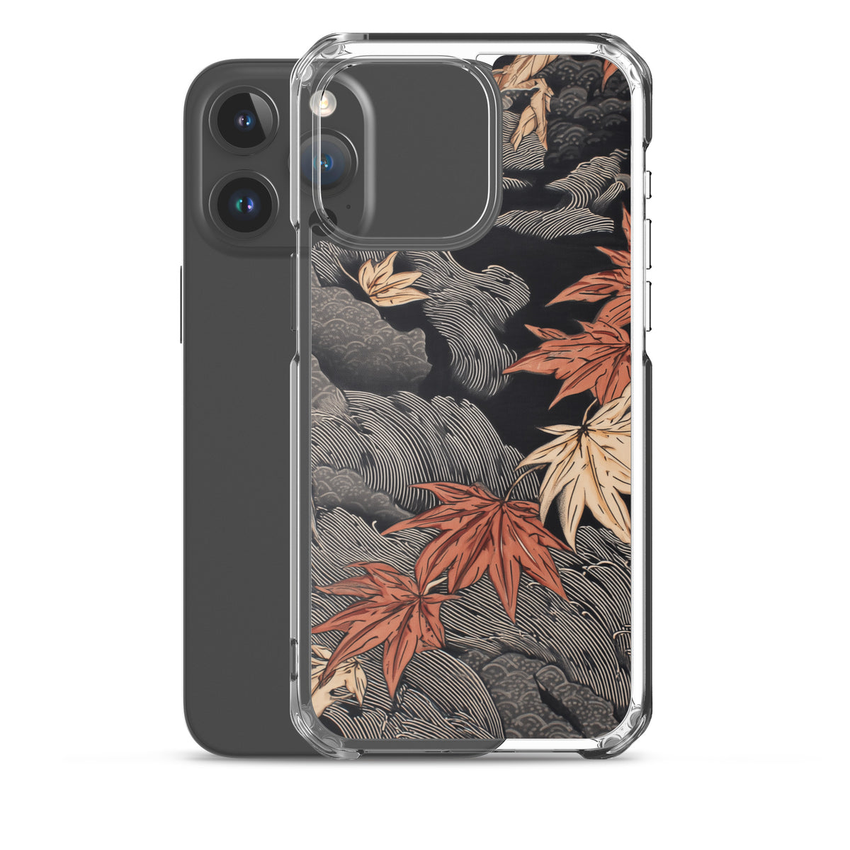 Clear iPhone case: Red and ochre maple leaves stretch across layered rocks and dark flowing water.