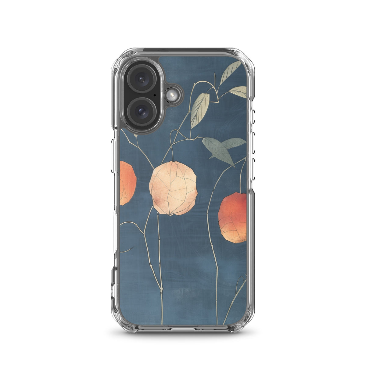 Clear iPhone case: Orange and pale ground cherries hang from slender stems against a deep blue background.