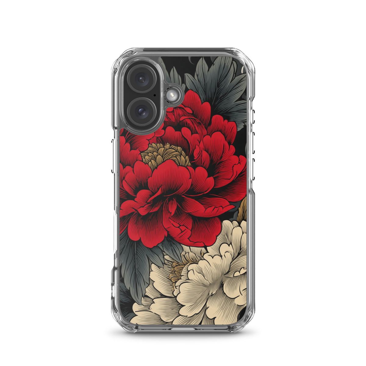 Clear iPhone case: Vermilion and ivory peonies stand out against dark leaves and curling ink-like clouds.