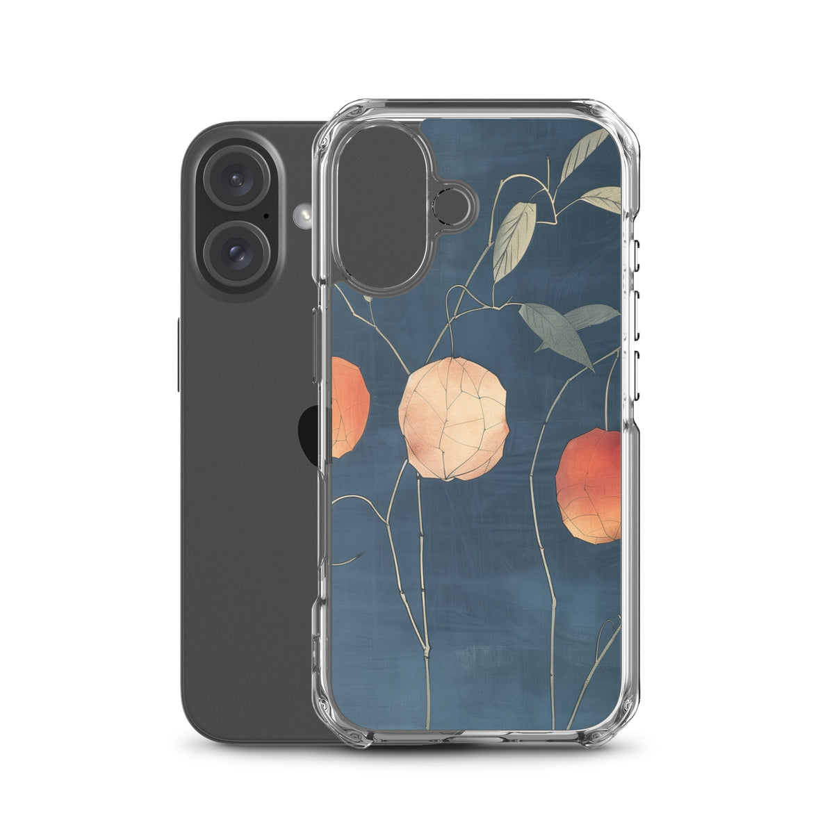 Clear iPhone case: Orange and pale ground cherries hang from slender stems against a deep blue background.