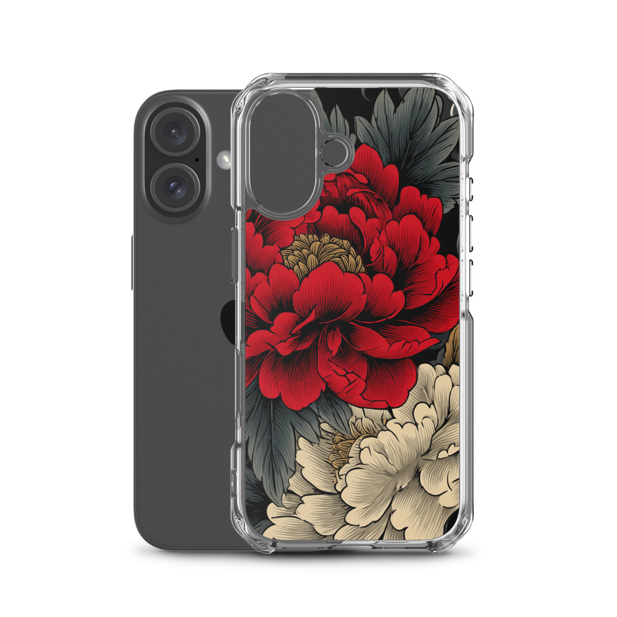 Clear iPhone case: Vermilion and ivory peonies stand out against dark leaves and curling ink-like clouds.