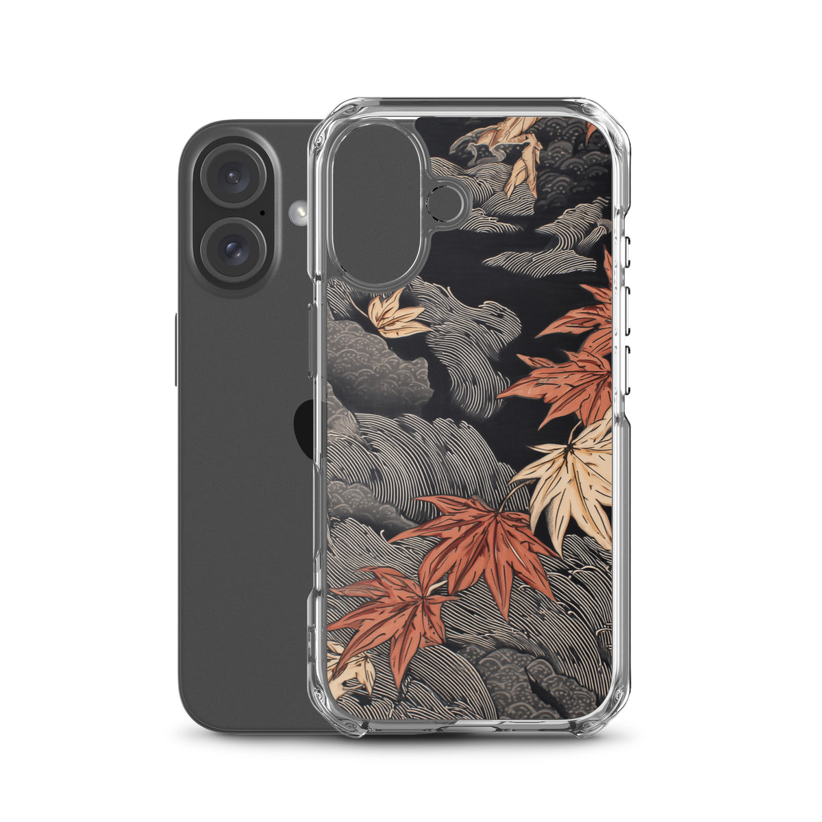 Clear iPhone case: Red and ochre maple leaves stretch across layered rocks and dark flowing water.
