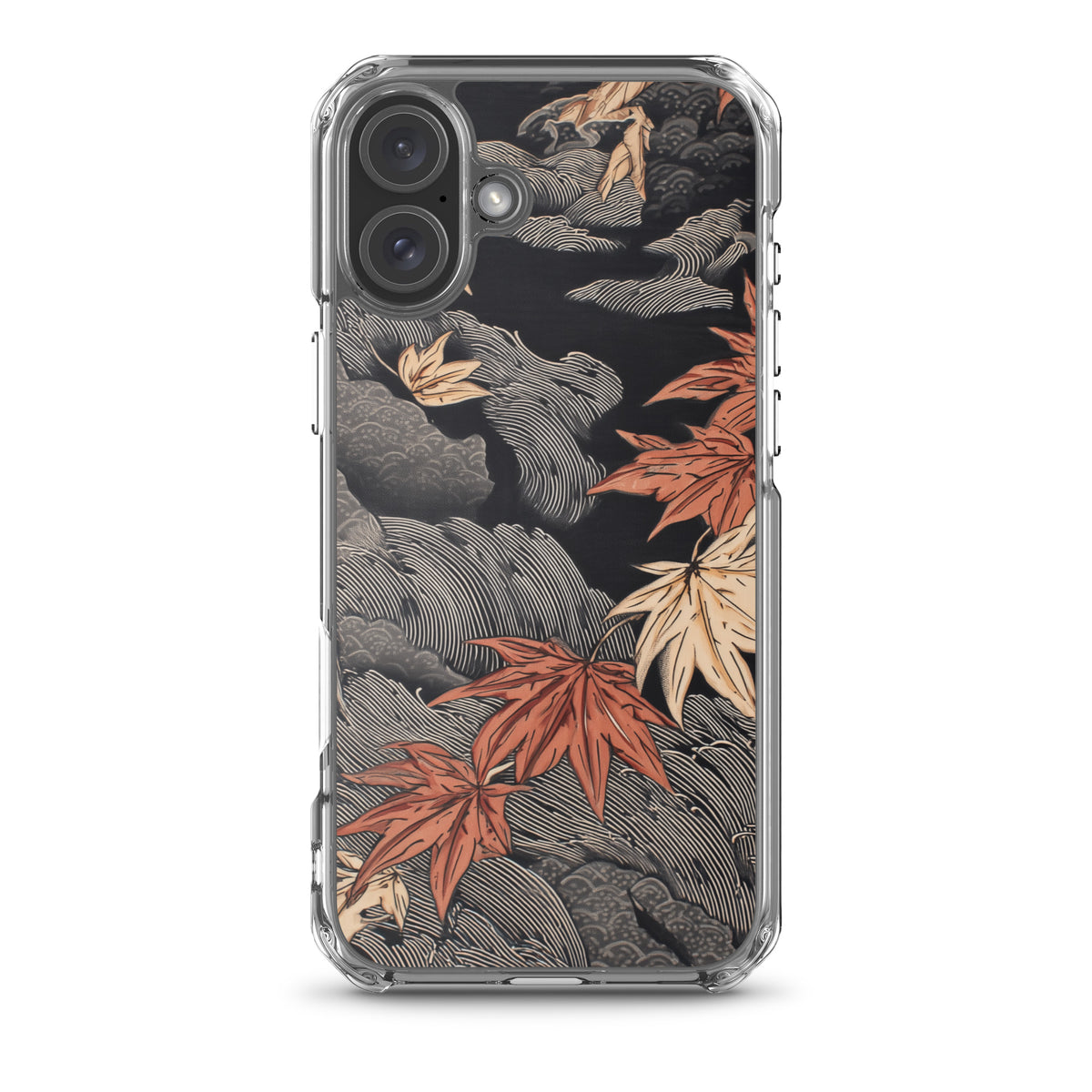Clear iPhone case: Red and ochre maple leaves stretch across layered rocks and dark flowing water.