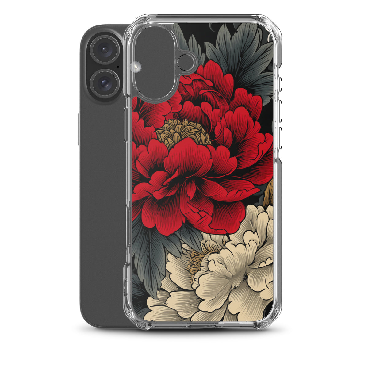 Clear iPhone case: Vermilion and ivory peonies stand out against dark leaves and curling ink-like clouds.
