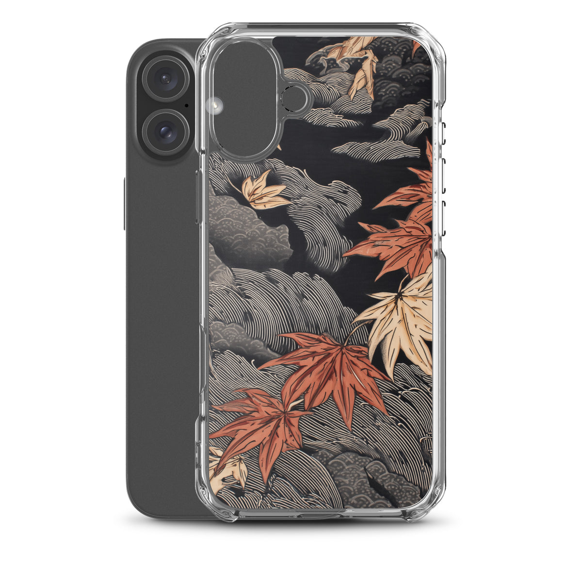 Clear iPhone case: Red and ochre maple leaves stretch across layered rocks and dark flowing water.