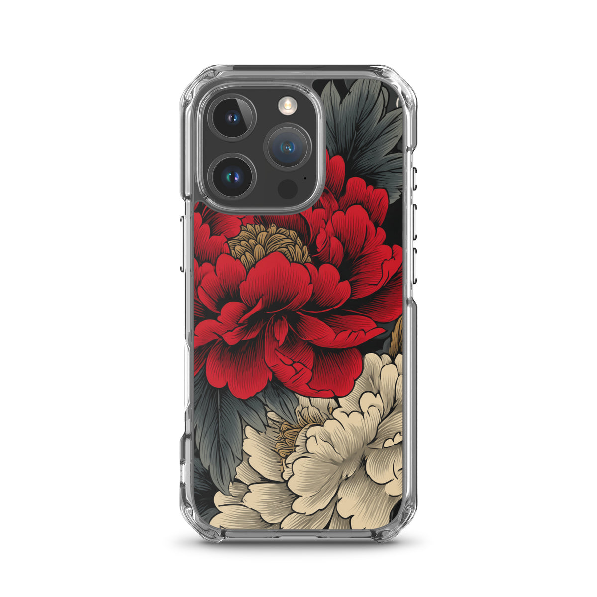 Clear iPhone case: Vermilion and ivory peonies stand out against dark leaves and curling ink-like clouds.