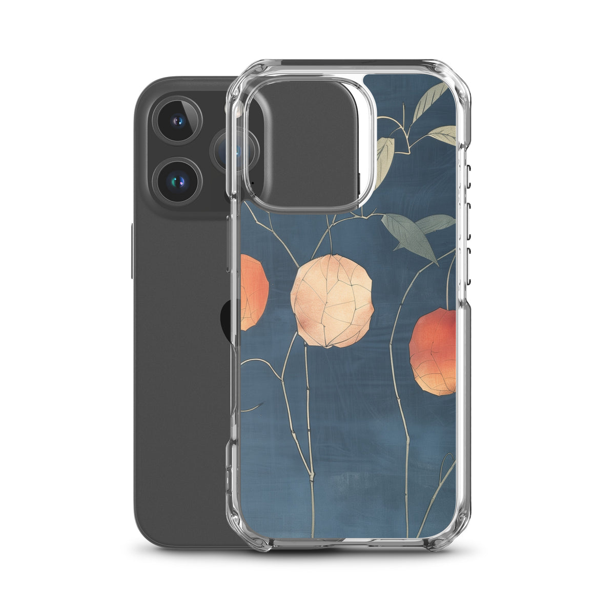 Clear iPhone case: Orange and pale ground cherries hang from slender stems against a deep blue background.