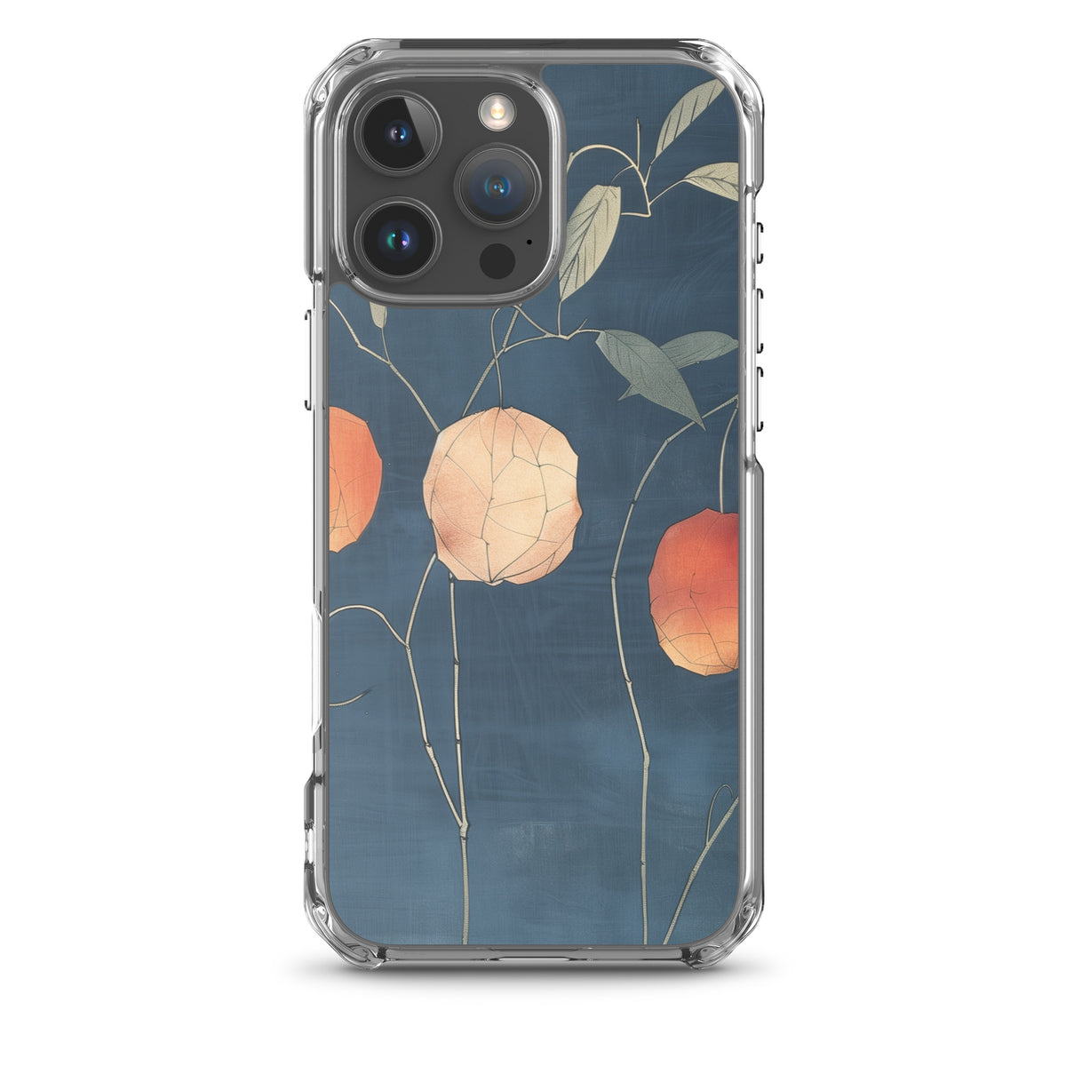 Clear iPhone case: Orange and pale ground cherries hang from slender stems against a deep blue background.