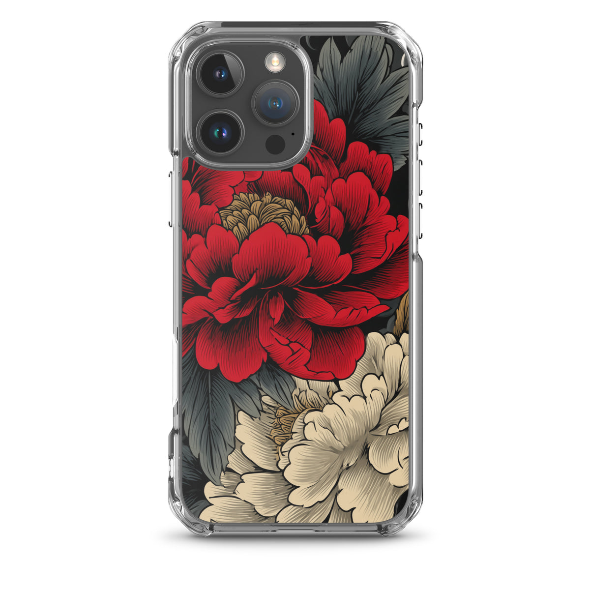 Clear iPhone case: Vermilion and ivory peonies stand out against dark leaves and curling ink-like clouds.