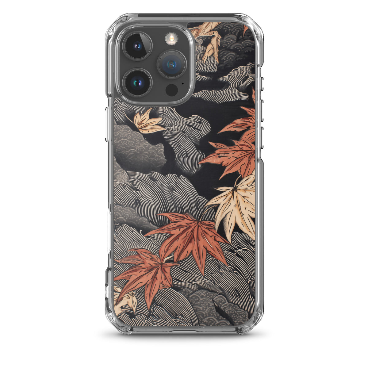 Clear iPhone case: Red and ochre maple leaves stretch across layered rocks and dark flowing water.