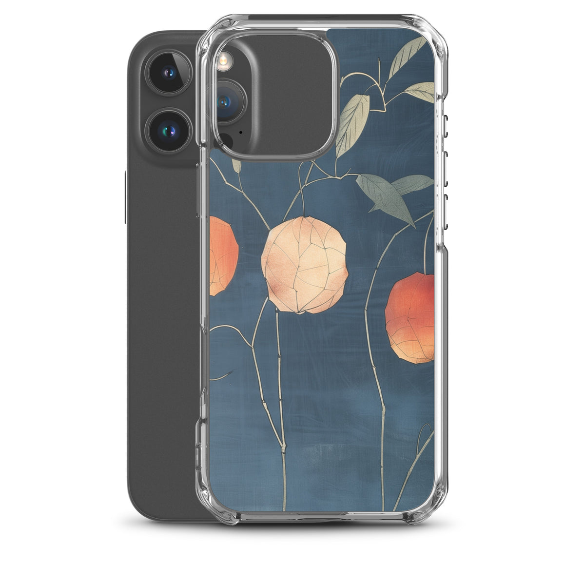 Clear iPhone case: Orange and pale ground cherries hang from slender stems against a deep blue background.