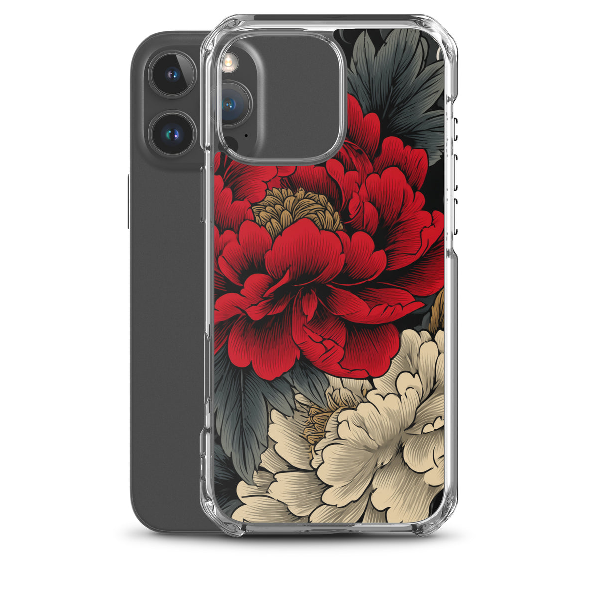 Clear iPhone case: Vermilion and ivory peonies stand out against dark leaves and curling ink-like clouds.