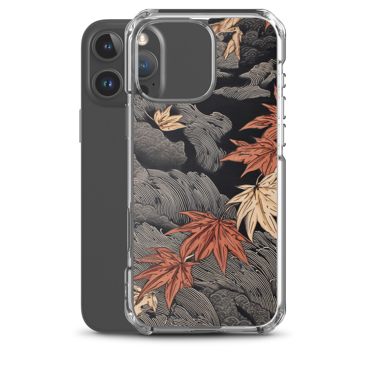 Clear iPhone case: Red and ochre maple leaves stretch across layered rocks and dark flowing water.