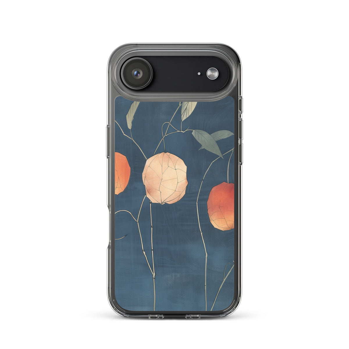 Clear iPhone case: Orange and pale ground cherries hang from slender stems against a deep blue background.