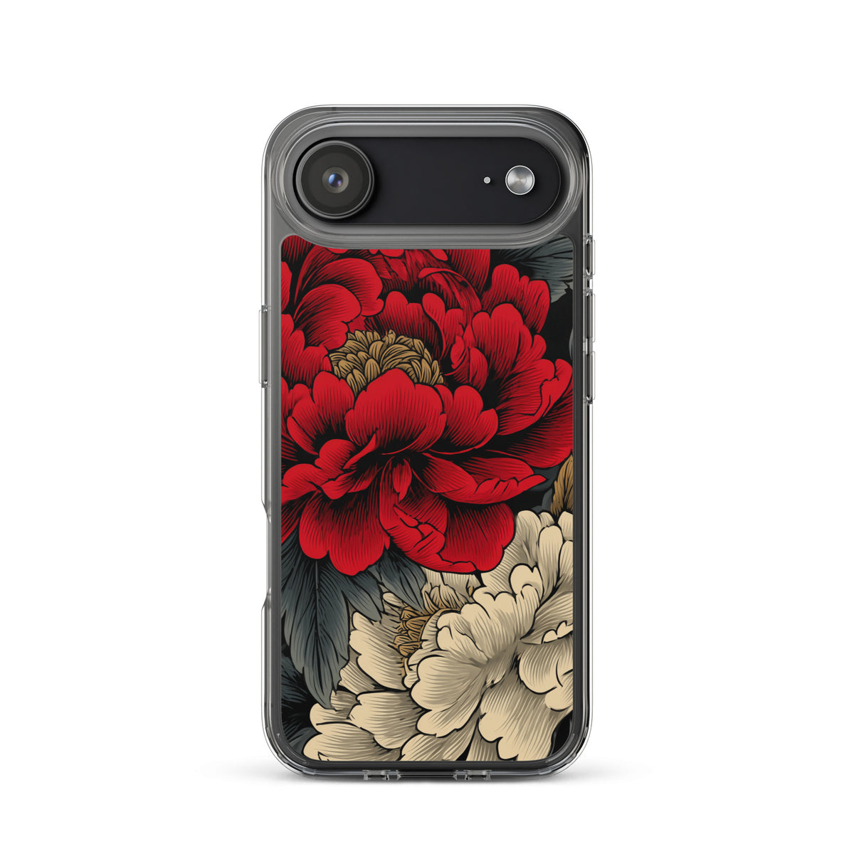 Clear iPhone case: Vermilion and ivory peonies stand out against dark leaves and curling ink-like clouds.
