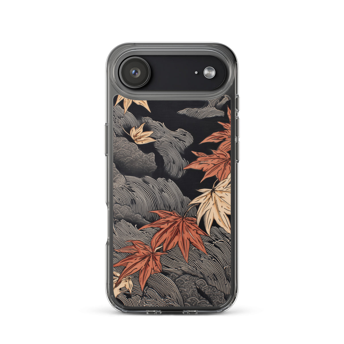 Clear iPhone case: Red and ochre maple leaves stretch across layered rocks and dark flowing water.