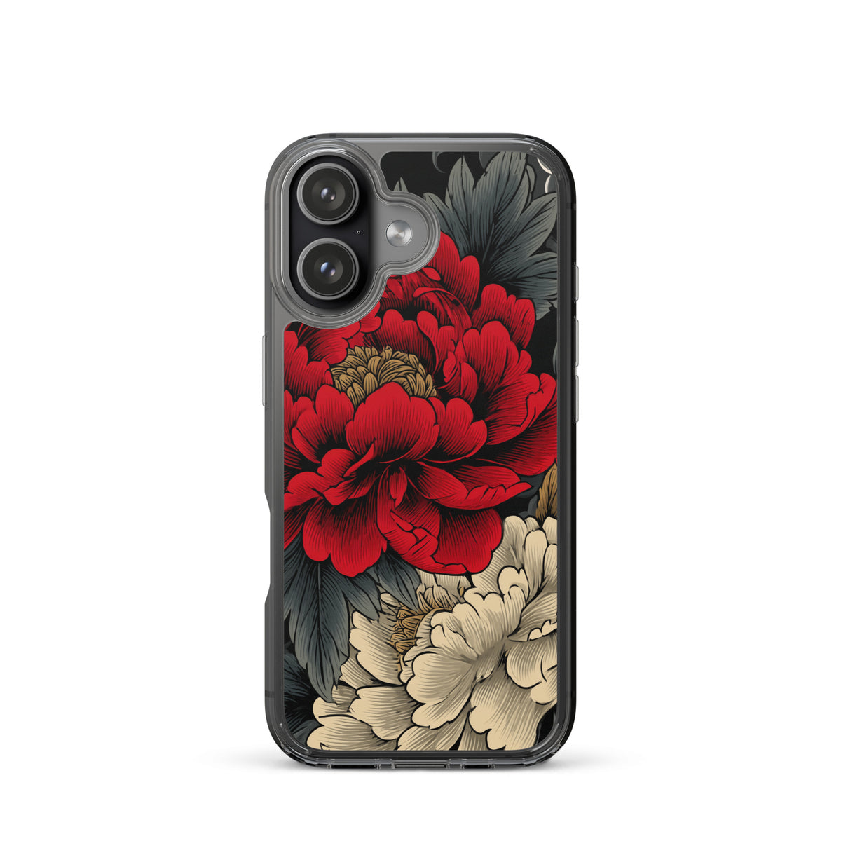 Clear iPhone case: Vermilion and ivory peonies stand out against dark leaves and curling ink-like clouds.