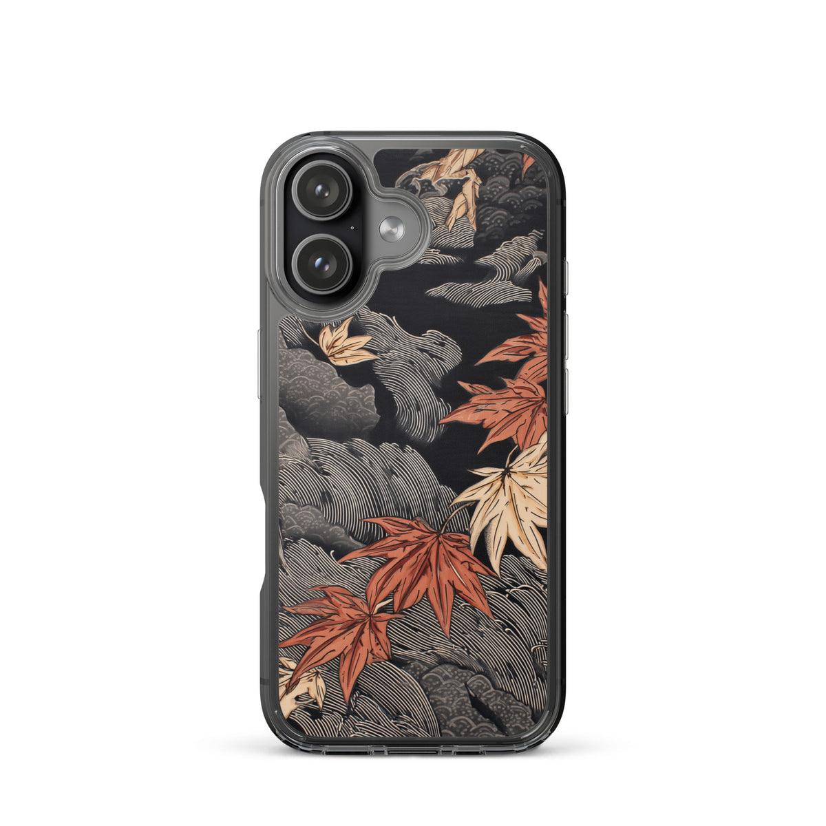 Clear iPhone case: Red and ochre maple leaves stretch across layered rocks and dark flowing water.