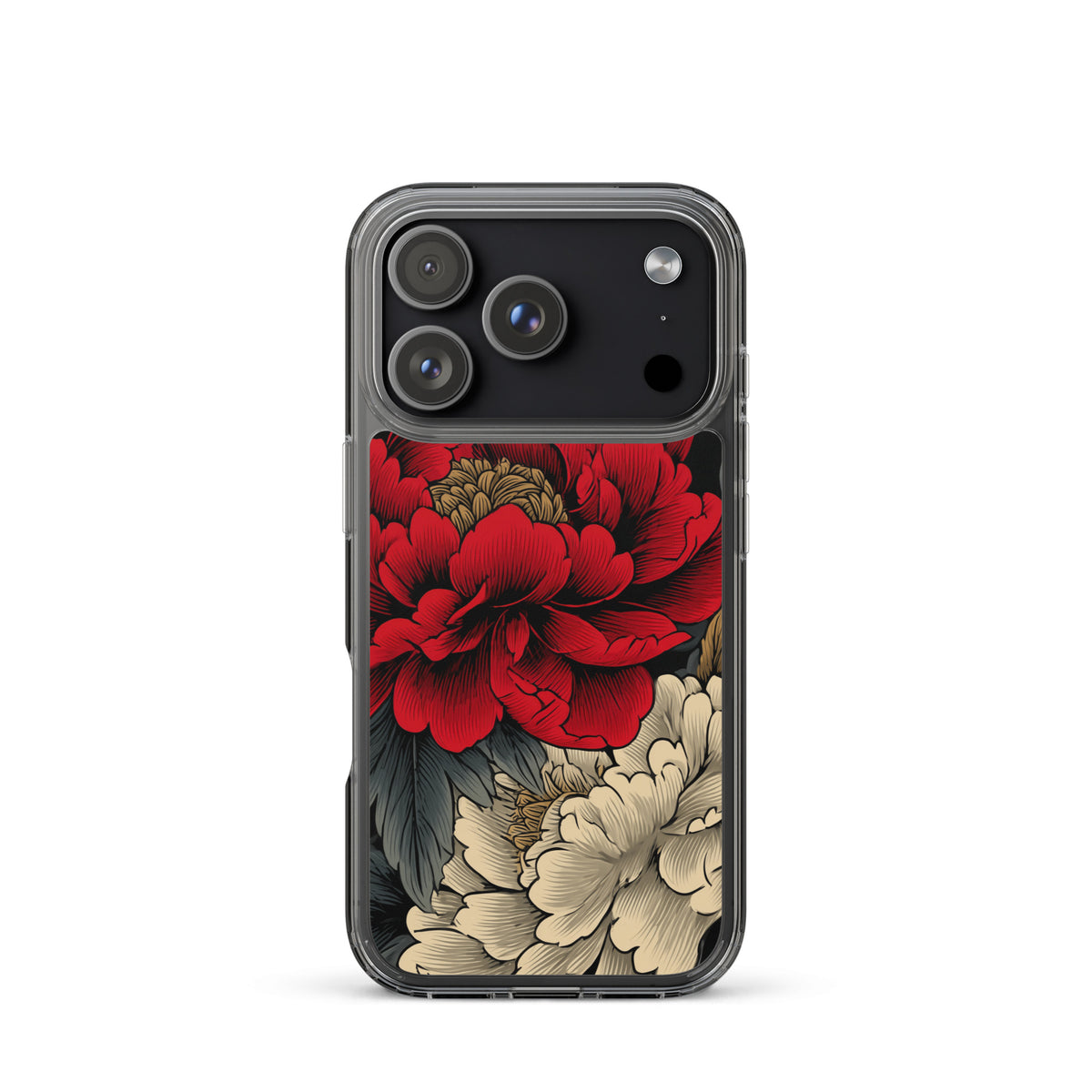 Clear iPhone case: Vermilion and ivory peonies stand out against dark leaves and curling ink-like clouds.