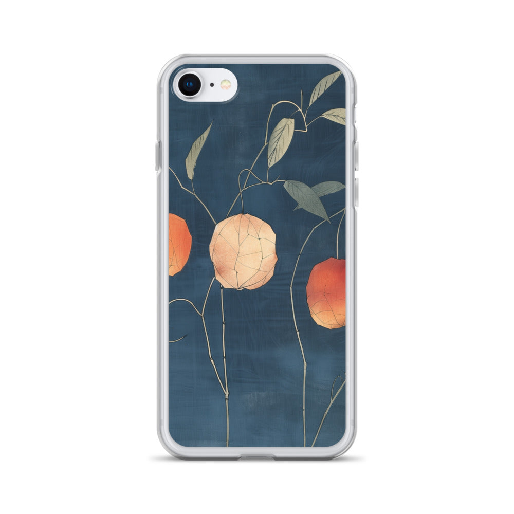 Clear iPhone case: Orange and pale ground cherries hang from slender stems against a deep blue background.