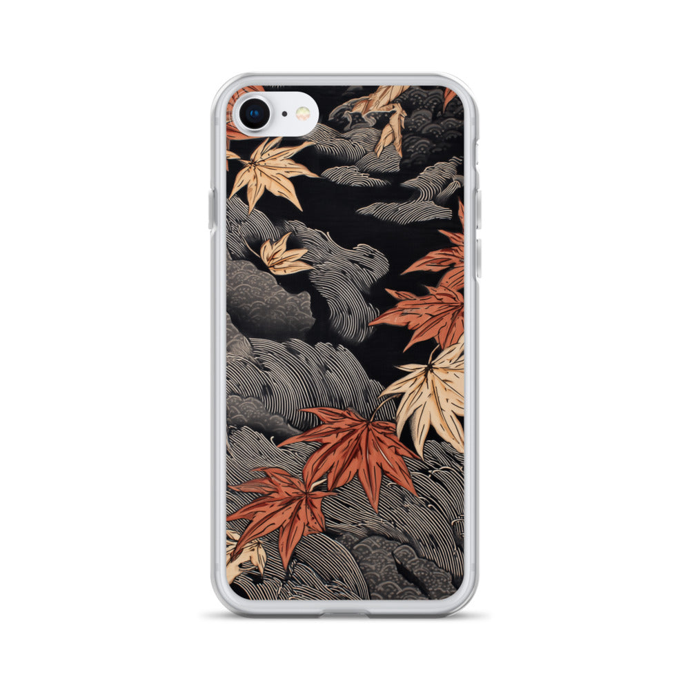 Clear iPhone case: Red and ochre maple leaves stretch across layered rocks and dark flowing water.