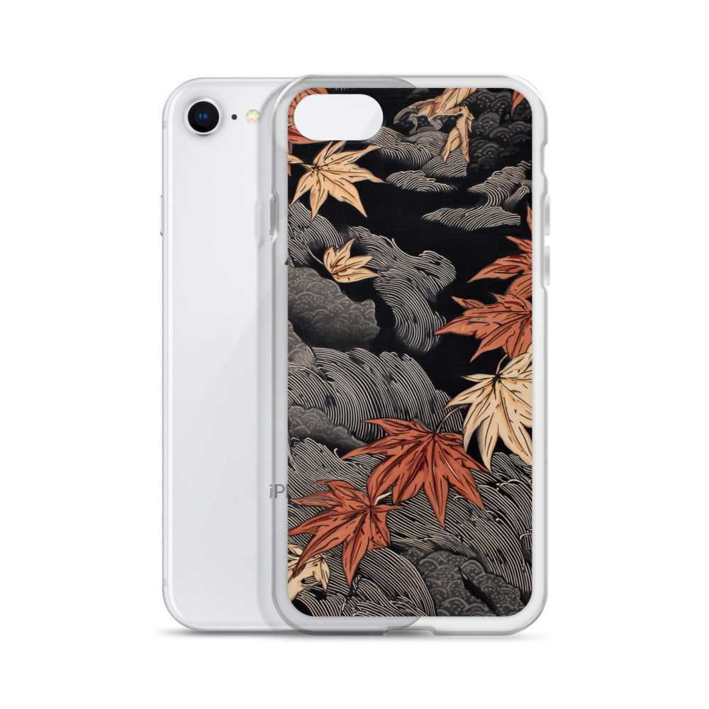 Clear iPhone case: Red and ochre maple leaves stretch across layered rocks and dark flowing water.