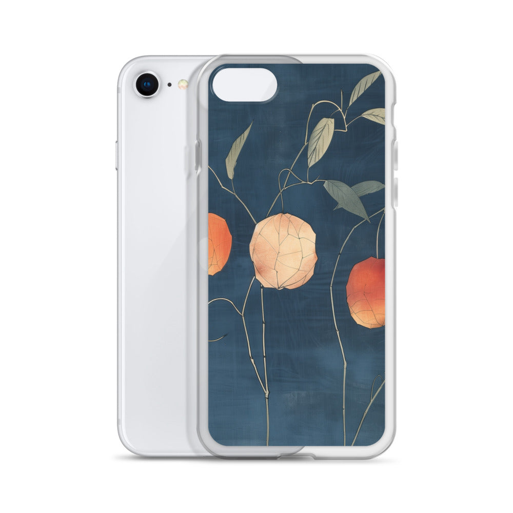 Clear iPhone case: Orange and pale ground cherries hang from slender stems against a deep blue background.
