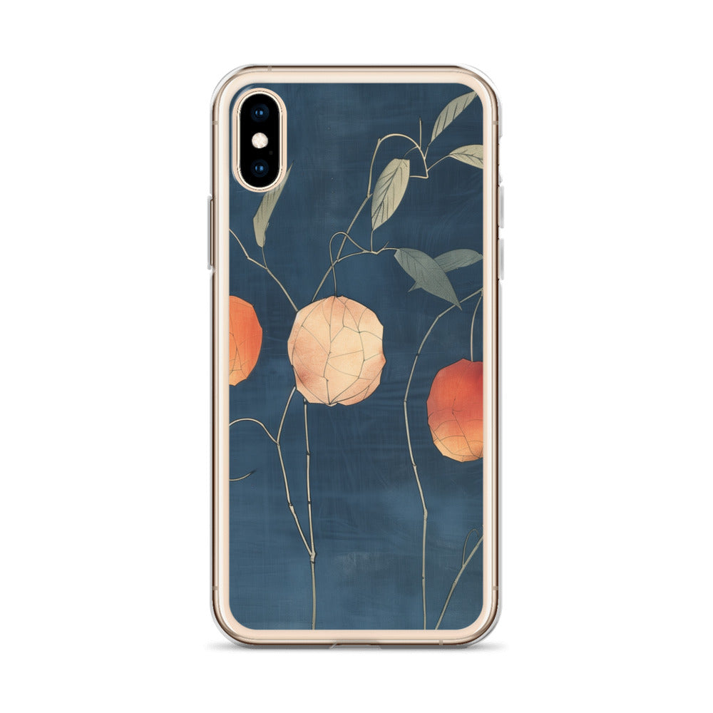 Clear iPhone case: Orange and pale ground cherries hang from slender stems against a deep blue background.