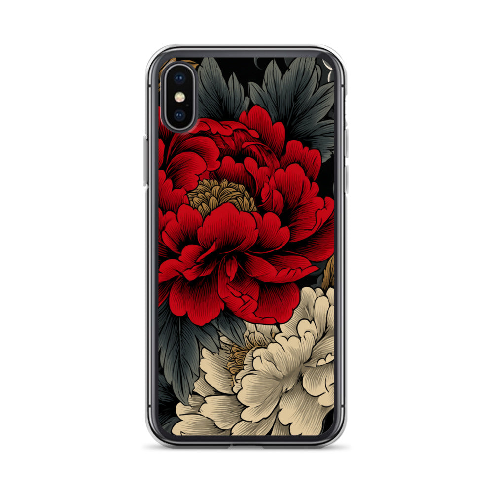 Clear iPhone case: Vermilion and ivory peonies stand out against dark leaves and curling ink-like clouds.