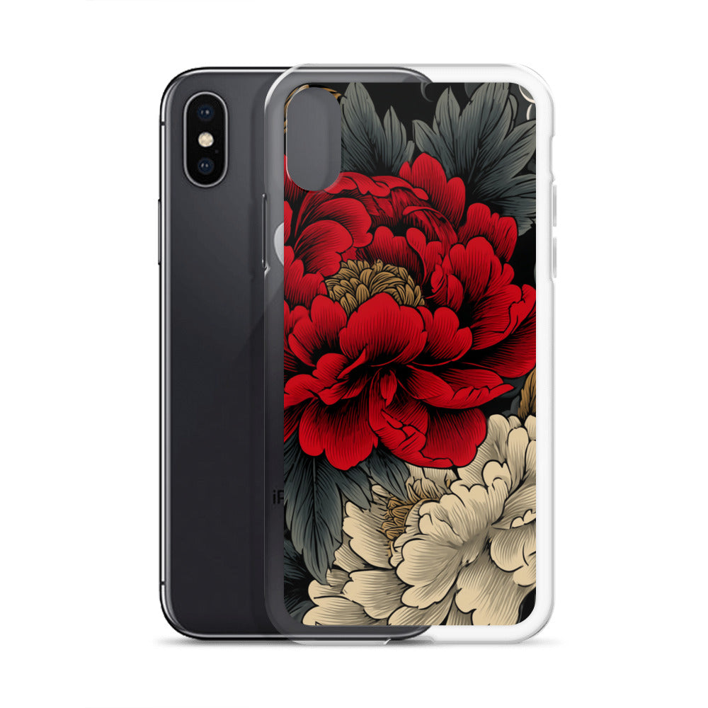 Clear iPhone case: Vermilion and ivory peonies stand out against dark leaves and curling ink-like clouds.
