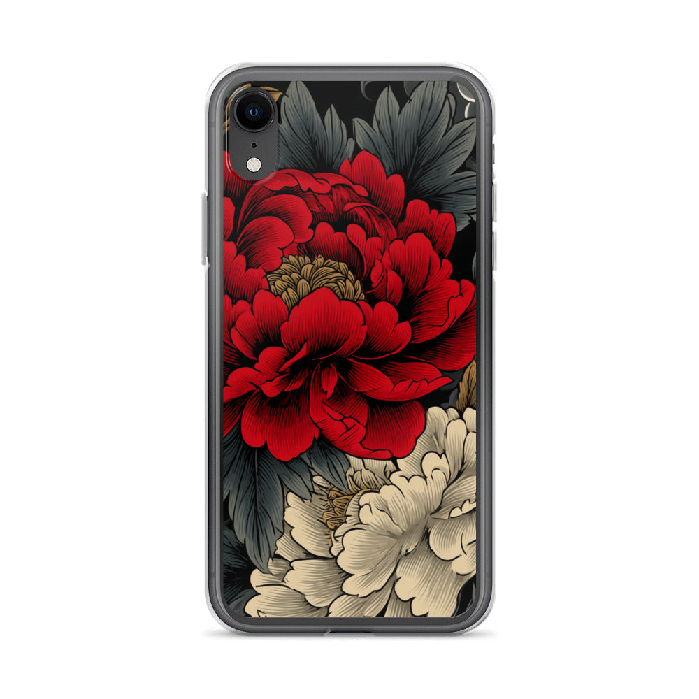 Clear iPhone case: Vermilion and ivory peonies stand out against dark leaves and curling ink-like clouds.