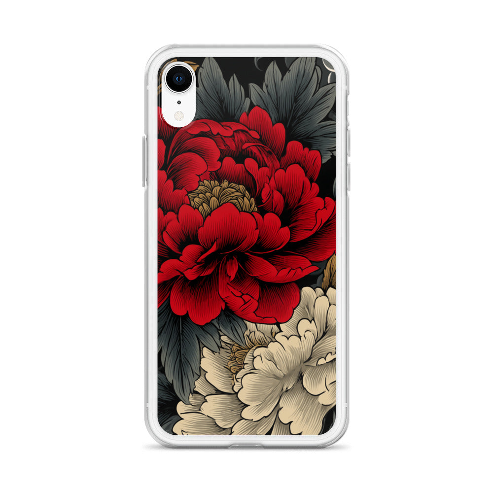 Clear iPhone case: Vermilion and ivory peonies stand out against dark leaves and curling ink-like clouds.