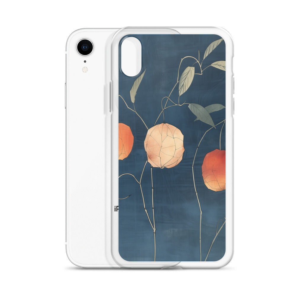 Clear iPhone case: Orange and pale ground cherries hang from slender stems against a deep blue background.