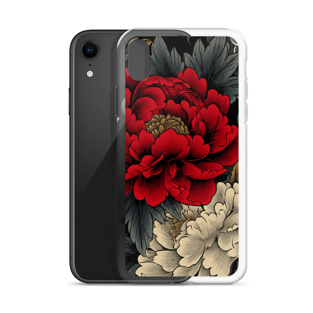 Clear iPhone case: Vermilion and ivory peonies stand out against dark leaves and curling ink-like clouds.