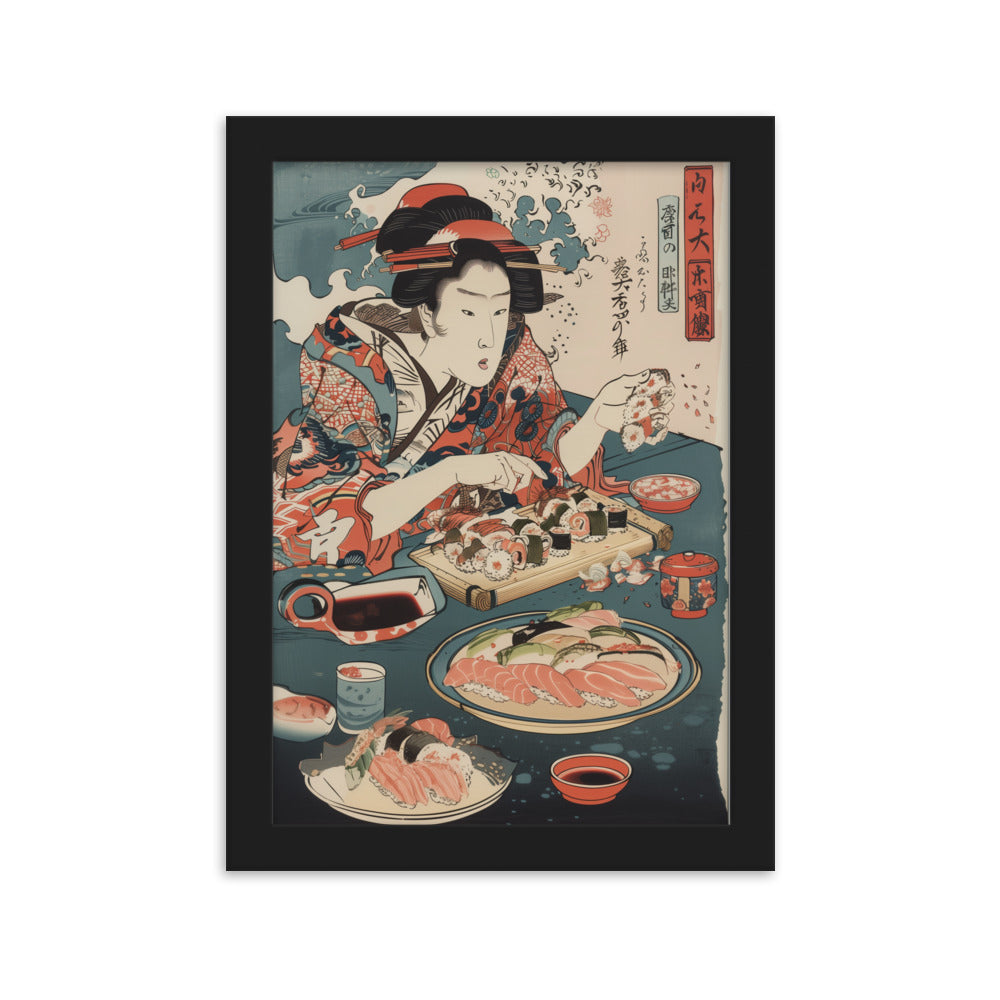 "ukiyo-e. eating sushi." Framed matte paper poster