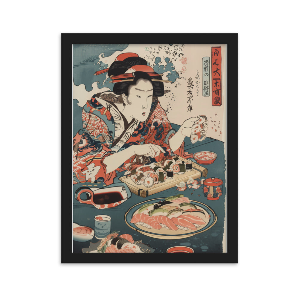 "ukiyo-e. eating sushi." Framed matte paper poster