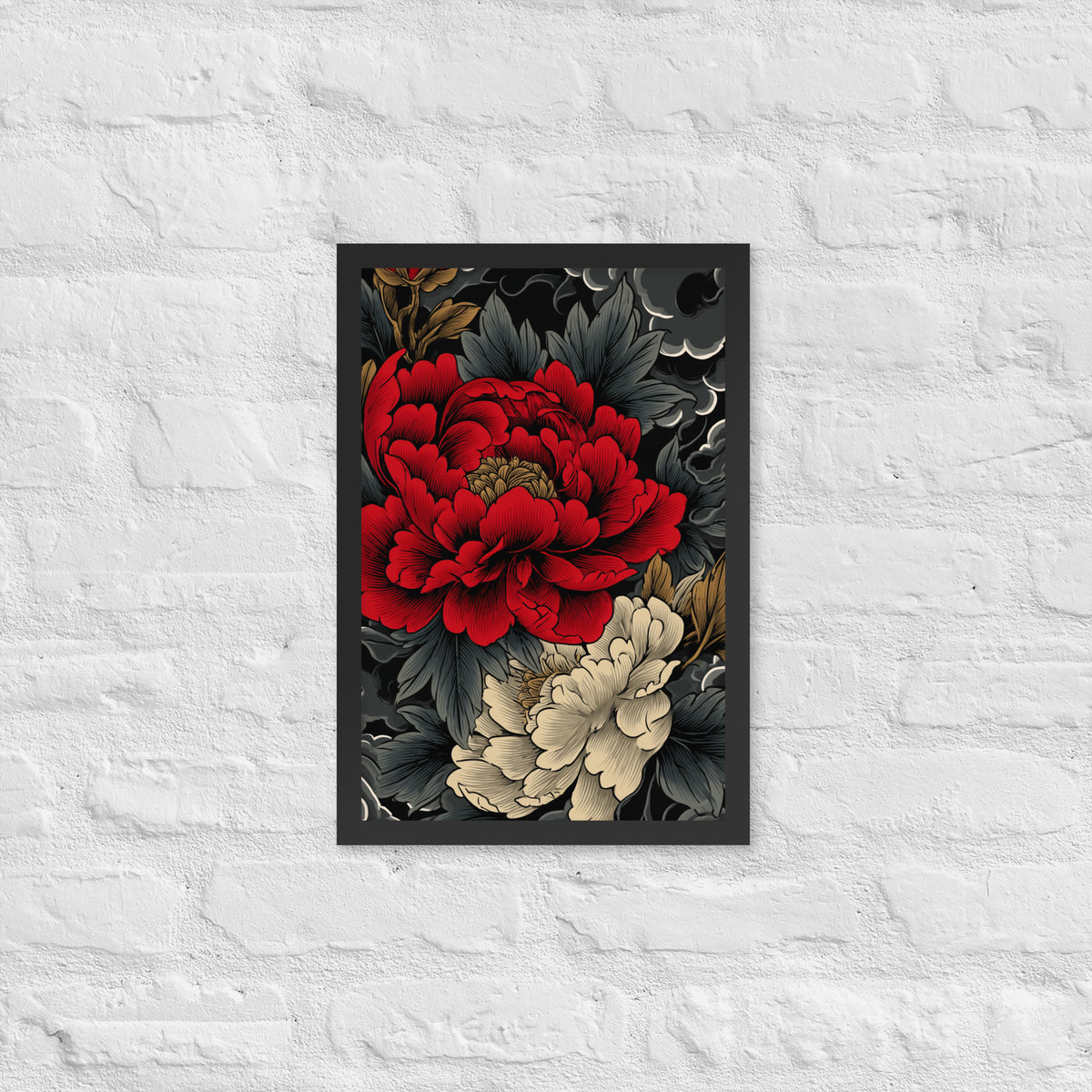 Framed matte paper poster: Vermilion and ivory peonies stand out against dark leaves and curling ink-like clouds.