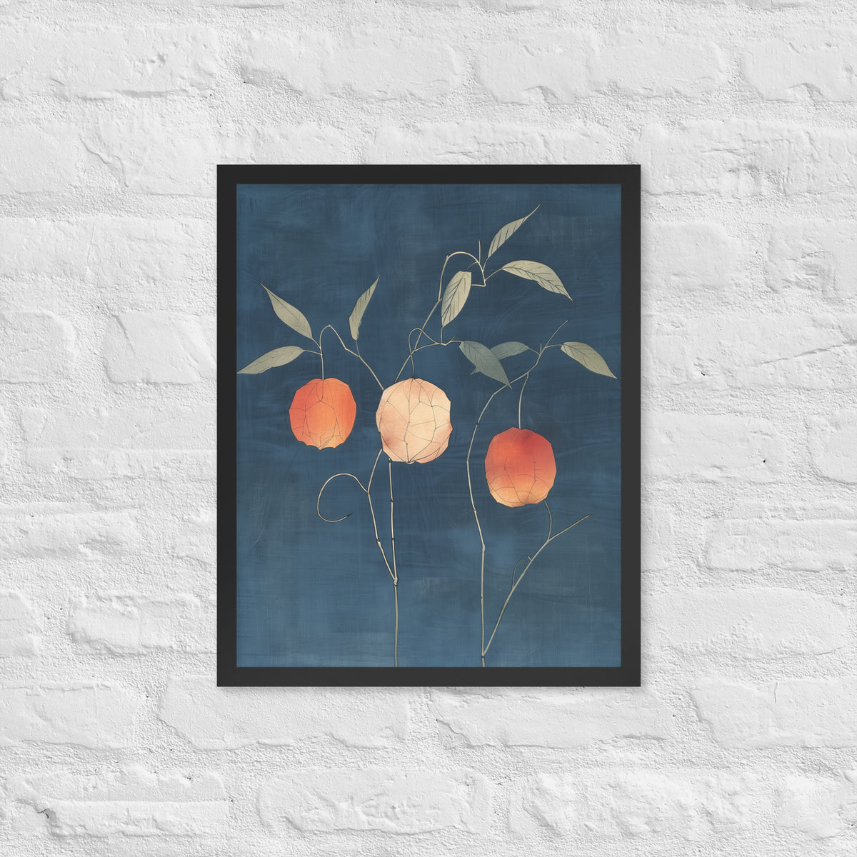 Framed matte paper poster: Orange and pale ground cherries hang from slender stems against a deep blue background.
